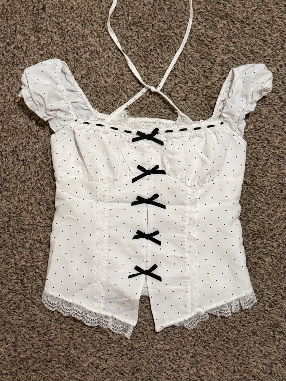 White Polka Dot Lace-Trim Corset Top